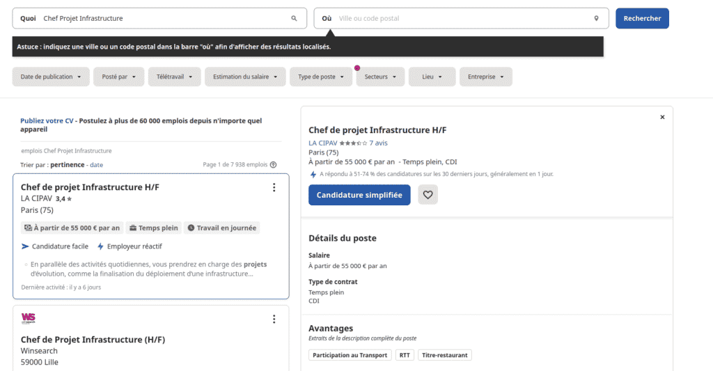 capture écran chef projet infrastucture indeed